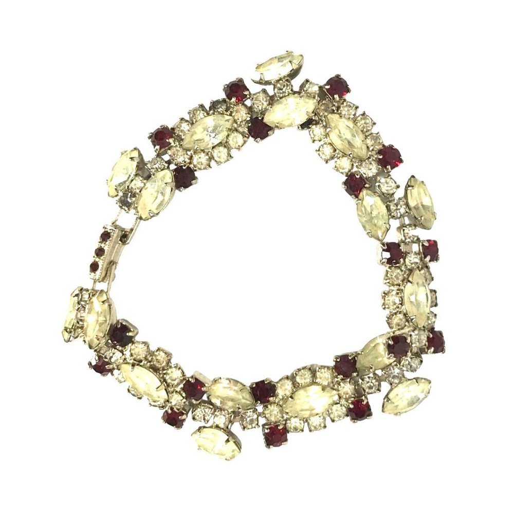 Vintage MCM or Older Rhodium Plated Clear and Red Rhinestone Tennis Bracelet